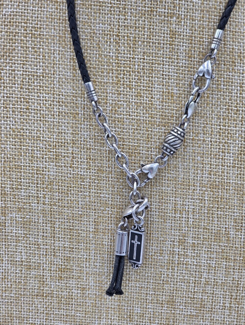 Brighton Black Braided Leather Silver Chain Cross Pendant Tassel Necklace Gothic